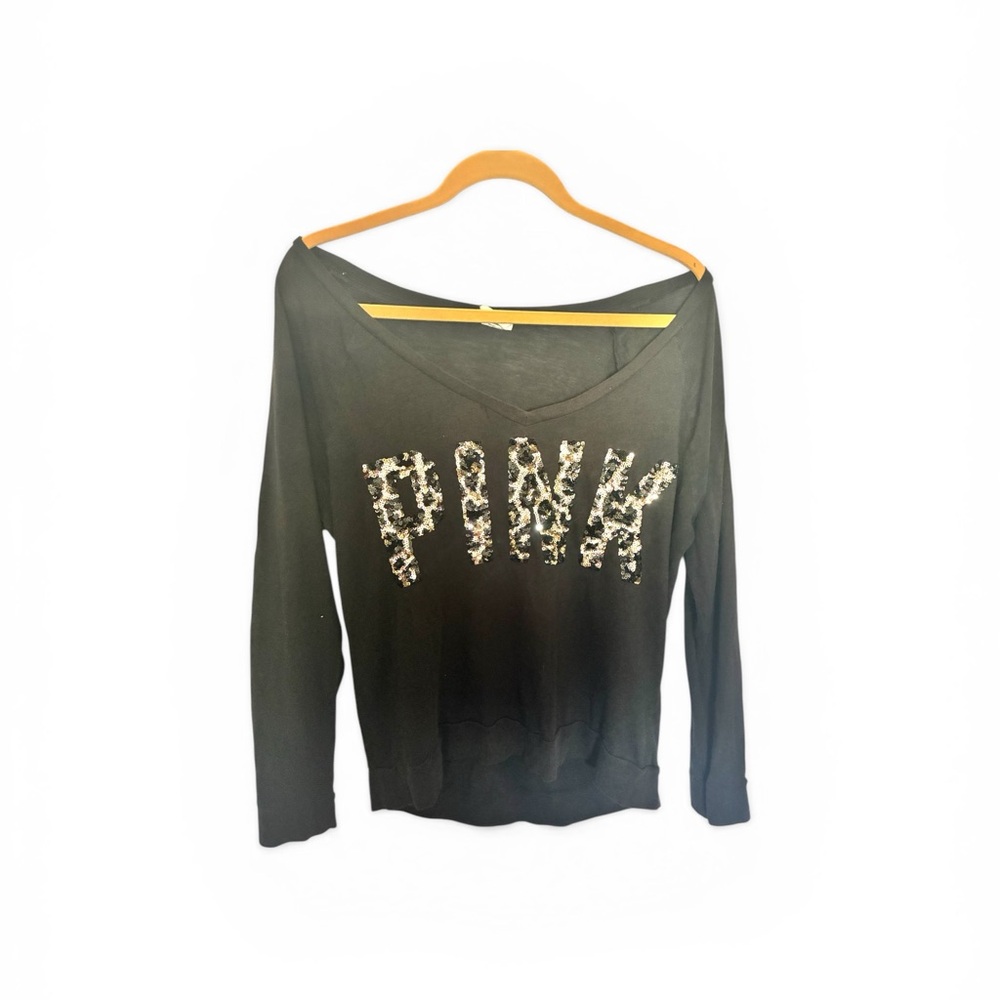 PINK by Victoria’s Secret Long Sleeve Top Size Medium Black Leopard Sequin Logo